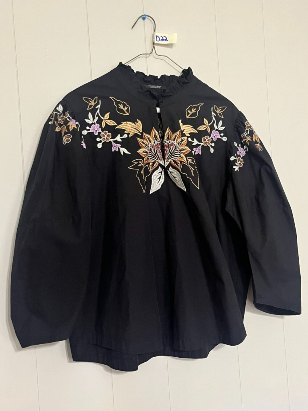 Scotch & Soda Maison Scotch Black Floral Embroidered Ruffle Blouse Large